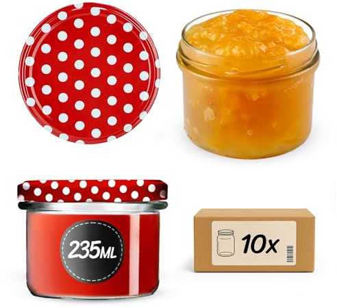 KADAX Tarros pequeños de 235 ml, frascos fi82, mini tarros para miel y especias, tarros de mermelada con tapa, tarros herméticos para regalar (10 unidades de lunares rojos)