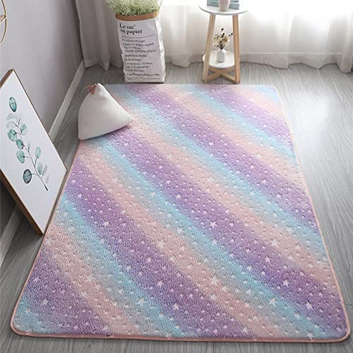 XMwike Alfombra de área Luminosa Que Brilla en la Oscuridad para niños Antideslizante Dormitorio Sala de Estar Alfombras, Estrella Arcoiris 120x60cm