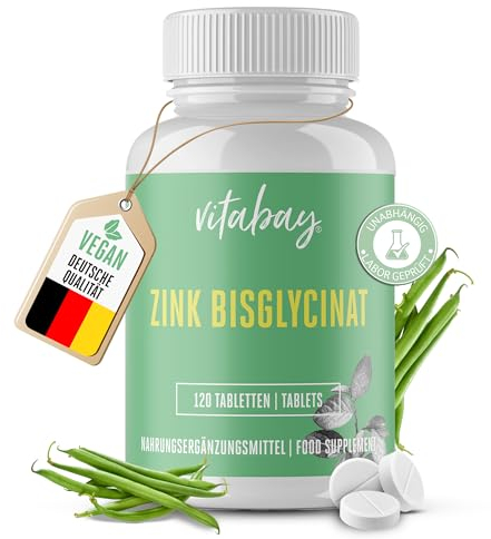 Vitabay Zink Bisglycinat Hochdosiert 25mg - 120 VEGANE Tabletten - Zink Tabletten Hochdosiert 25mg pro Tagesdosis Zinc Bisglycinate Supplement - Zinktabletten Zink hochdosiert Zinkbisglycinat…