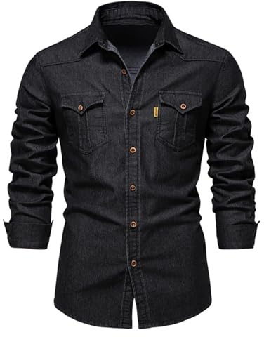 Btmpmcs Herrskjorta denim vardaglig klänning skjorta långärmad Oxford skjorta normal affärsskjorta tjock jeans skjorta arbetsskjorta med 2 fickor, Svart, 3XL