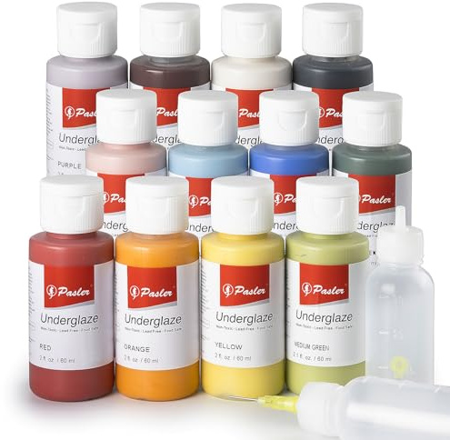 Pasler Underglaze Set - 2 fl oz/60 ml, Concentrated Opaque Liquid Underglaze for pottery bisque, Set of 12 Colors