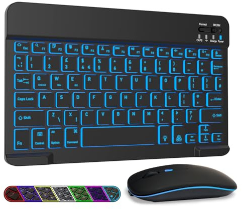 LAMA 7 Colors Keyboard and Mouse for iPad/Windows/Android, UK Layout | Backlit Rechargeable Keyboard and Mouse with 13 Shortcuts, iOS/Windows/Android Multi-System Switch, Quiet Scissor Keys