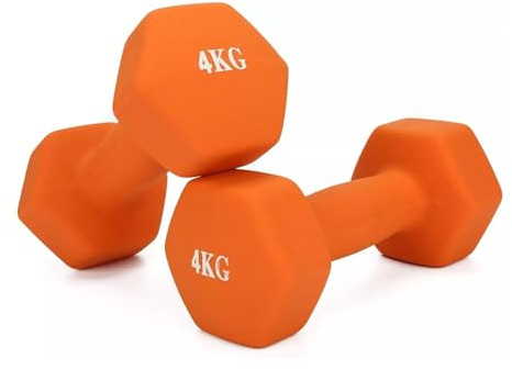Neoprene Dumbbells 4KG x 2 Weights Iron Hand Aerobic Workout Fitness Gym | Comfortable To Hold and Soft on Floors Excellent Fitness Accessories For Toning and Strength Workouts - Orange