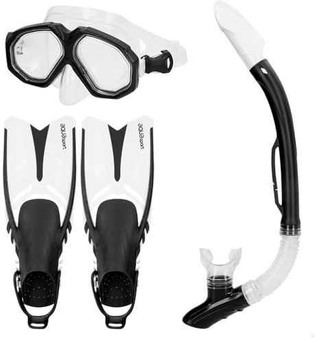 AKTIVE Aqua Sport Gafas de Buceo con Tubo y Aletas Adultos, T. 42,5-47, Máscara con Sistema antivaho, Válvula de Drenaje y Escape, Látex Free, Lentes de policarbonato, Antigotas, Ajustables (54258)