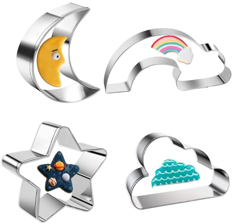 Molain 4 Pcs Cookie Cutters Shapes Baking Set, Moon Cloud Rainbow Star Shape Biscuit Stainless Steel Metal Molds Cutters for Kitchen Baking Birthday Christmas Valentine's Day Small Cookie Cutters