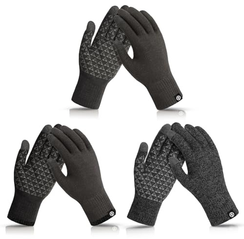 MA COWCF 3 Pairs Winter Gloves for Women Men Touch Screen Elastic Knit Thermal Anti-Slip Gloves for Cold Weather（Gray