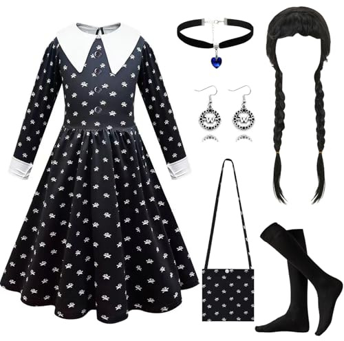 PWOKAO Costume de mercredi pour enfant - 6 pièces - Robe noire gothique avec perruque, sac et chaussettes - Pour fille - Pour carnaval, cosplay, fête - Taille M