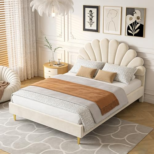 DAHUEN Lit Double capitonné 140 x 200 cm,Cadre de lit Capitonné avec tête de lit en Forme de Fleur et sommier à Lattes,Lits rembourré pour Adolescent et Enfant, en Velours, Beige