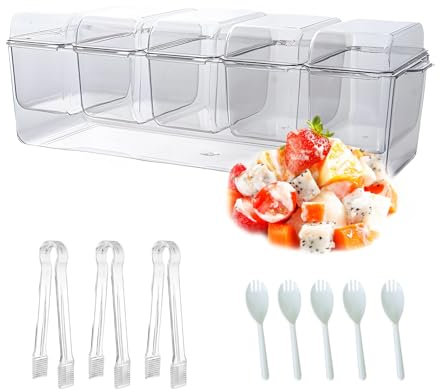 DYUEE Ice Chilled Condiment Caddy with 5 Containers, Reusable Clear Garnish Tray with Lid with 5 Removable Compartment, 5 forks and 3 Clips, for Ice Serving Bowl, Fruit, Caddy, Snack, Sauce