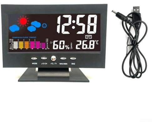 Besttoolifes Stazione meteo digitale, termometro igrometro orologio con display a colori, monitor temperatura umidità, sveglia, snooze, retroilluminazione a controllo vocale (nero)