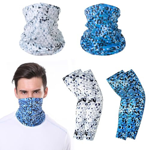 BSITSSS 2 Stück Multifunktionstuch und 2 Paare Arm Sleeve, Sommer Schlauchschal mit Armstulpe, Blau und Weiß Kariert Sonnenschutz Bandana Maske Halstuch Armlinge für Herren Radsport Golf Radfahren