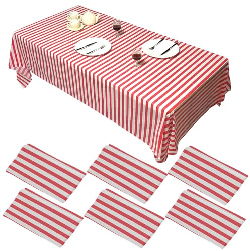 6 Pieces Red Striped Tablecloth Wedding Disposable Plastic 108 x 54 Inch Table Decor Red White Striped Design Tablecloth Elegant Decor for Indoor Family Dinner Outdoor Banquet Parties Celebrations