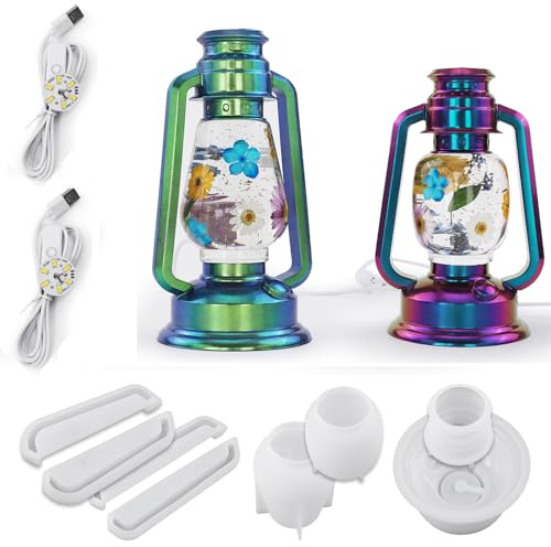 Silicone 2 Sets Kerosene Lamp Ornament Resin Epoxy Molds with 2X USB Light | Camping Lantern Casting Mold, DIY Craft Mould Home Wedding Party Decor