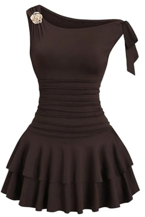 GORGLITTER Women's One Off Shoulder Tiered Ruffle Mini Dresses Tie Knot Sleeveless 3D Floral Metal Ruched Rave Dress