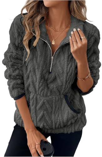 Fleece Jacket Women Fleece Jumper Fluffy Jacket Pullover Fleece Sweatshirts Casual Fuzzy 1/4 Zip Up Long Sleeve Stand Collar Cozy Coat with Pockets Grey S