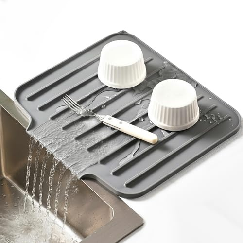 Alfombrilla Escurreplatos 35 x 30 cm, Escurreplatos Silicona con Salida de Drenaje, Alfombrilla de Goteo Resistente al Calor Antideslizante, Tapete de Secado de Platos para Fregadero y Encimera (Gris)