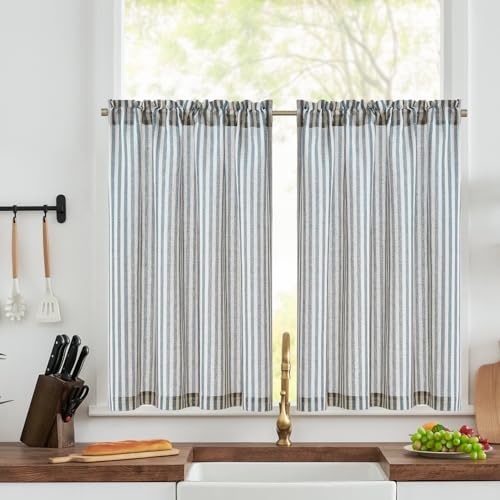 TOPICK Kitchen Curtains, Linen Look Cafe Curtains W36 xL36 Blue Striped | 2 Panels 36 Inch Drop Rod Pocket Small Light Filtering Privacy Curtains for Living Room, Bedroom, Cupboard Base, Sink