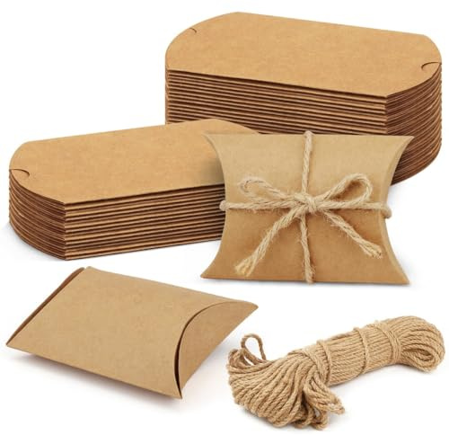 100 Pezzi Cuscino di Bomboniere Scatole in Carta Kraft, Scatole Cuscini Natale Carta Kraft Vintage con Corda di Canapa, Caramella Vintage Pacco Regalo per Matrimoni, Compleanni, Battesimo, Natale