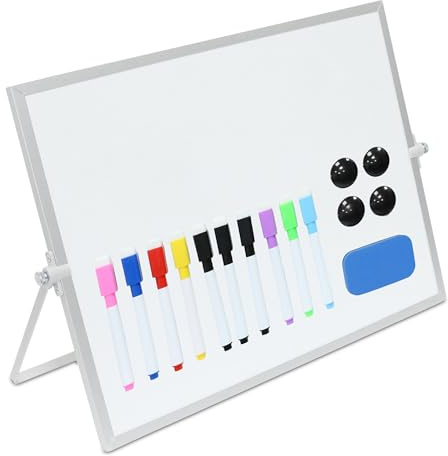Relaxdays Whiteboard bord, 30 x 40 cm, magnetisk, 360° roterbar, med pennor, magneter, svamp, magnettavla, vit/silver