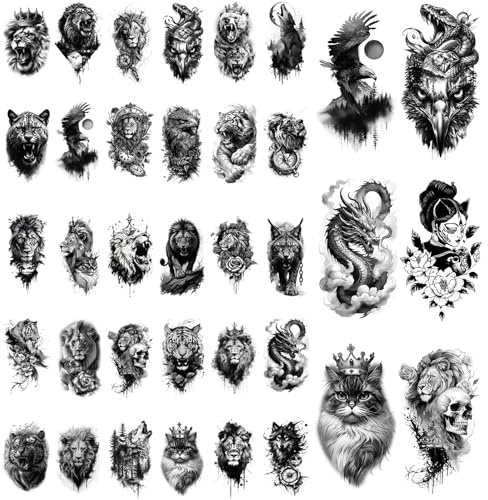 Tattoo-klistermärkeset tillfällig, 30 mörka djurmotiv & 6 halvärma tatueringar, för män och kvinnor, fashionabla och personliga, svart