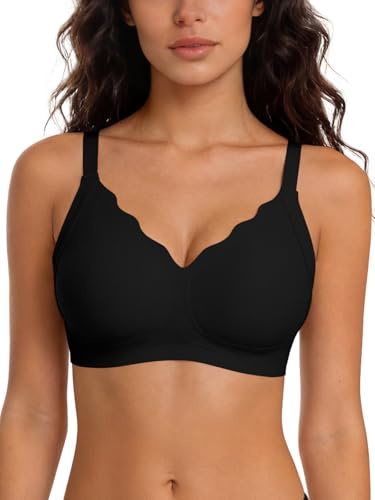 SHEKINI Reggiseno senza cuciture da donna senza ferretto, taglie grandi, forte tenuta, senza ferretto, scollatura a V, push up, T-shirt, comodo, imbottito, bralette, bustier, Nero , L