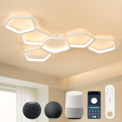 Kuwork Matter Lámpara LED Inteligente de Techo, Control de Voz Compatible con Alexa, HomeKit y Google, 58W Regulable con Mando, Lámpara de Techo 90 cm para Salón, Dormitorio Dormitorio Cocina
