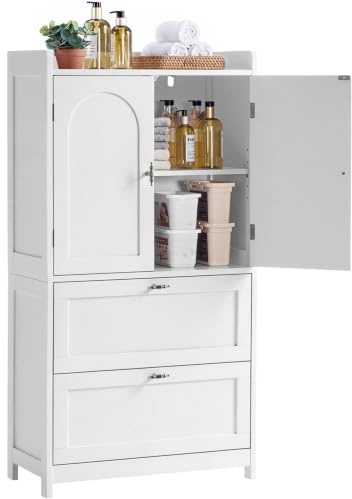 Yaheetech Armoire de Salle de Bain sur Pieds, Meuble de Rangement Multifonction avec 2 Portes et 2 Tiroirs, Étagères Réglables pour Salle de Bain Salon Cuisine Couloir, 30 x 60 x 115 cm Blanc