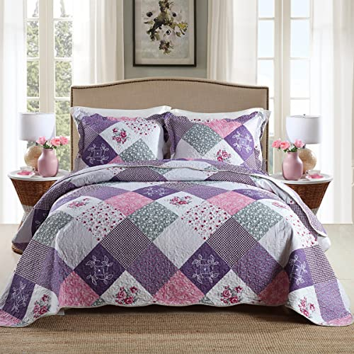 Qucover Purple Bedspread Superking Size 3-Pieces Lightweight Microfiber Reversible Patchwork Quilt Bedspread Elegant Little Rose and Purple Checked Pattern Coverlets with 2 Pillow Shames
