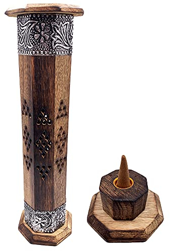 Incense Burner Wooden Tower Carved in India with Brass Decorations Exclusive and Unique Design 30 x 8 x 8 cm Weight 280 g Wooden Incense Holder