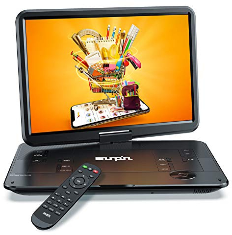 SUNPIN 17.9 Tragbarer DVD Player mit 15,6 Zoll HD Schwenkbaren Bildschirm, Stereo-Lautsprecher&Dual-Kopfhörer-Buchse, 6 Stunden aufladbare Batterie, Unterstützung Sync TV/USB/SD-Karte, Schwarz
