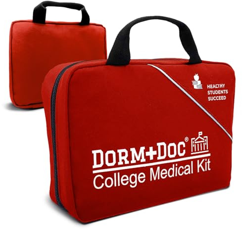 DormDoc College First Aid Kit – Compact Emergency Medical Kit for Dorm Rooms, School, Sports – with Bandages, OTC Medicines for Relief, Gauze, Quick Care Set – Portable Health Kit - 175 PCS, Red