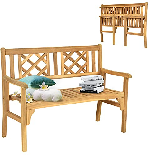GOPLUS Banc de Jardin en Bois d’Acacia pour 2-3 Personnes, Banc Exterieur Pliant avec Dossier et Accoudoirs Confortables,Charge 320 KG, pour Jardin,Terrasse, 120 x 56 x 90CM