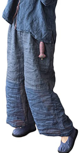 NFYM Pantalon court en lin pour femme - Coupe large - Patchwork - Taille élastique - Décontracté - Protection solaire - Coupe ample, bleu marine, Taille Unique