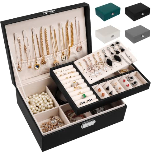 LUZOON Schmuckschatulle Schmuckkästchen für Damen, 2 Schich Schmuckaufbewahrung Mädchen Schmuckkasten Schmuckbox PU Leder Schmuck Groß für Ringe, Ohrringe, Halskette - Schwarz
