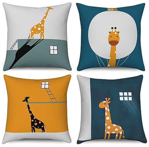 ASDCXZ Kinder Kissenbezug 40x40 cm 4er Set, Niedlich Tier Giraffe Kinder Grau Blau Gelb Sofa Dekokissen Kissenbezüge Kissenhülle Waschbar Polyester Flachs Textil Outdoor Kopfkissenbezug Kissen Bezug