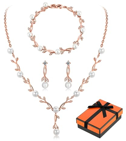 Toplstud Hochzeit 925 Schmuckset Silber Damen, Halskette Armband Ohrringe in Form eines Blattes mit Perlen und Zirkonia, Hochzeitstag Geschenke für Braut Frauen
