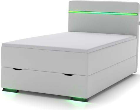 wonello Ontario Boxspringbett 120x200 mit Bettkasten in Weiß I LED Beleuchtung und USB Anschlüssen I Design Bett für Jugendliche und Erwachsene I Stauraumbett mit Matratze und Topper