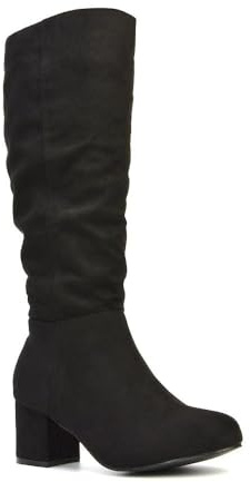 ESSEX GLAM Womens Mid Calf Boots Ladies Rouched Block Low Heel Slouchy Black Faux Suede Shoes Size 7