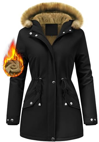 UMIPUBO Winterjacke Damen Lang Warmer Winterparka Wasserdicht Parka Wintermantel mit Kapuze Gefüttert Jacke Mit Taschen Thermo Mantel(Schwarz,S)
