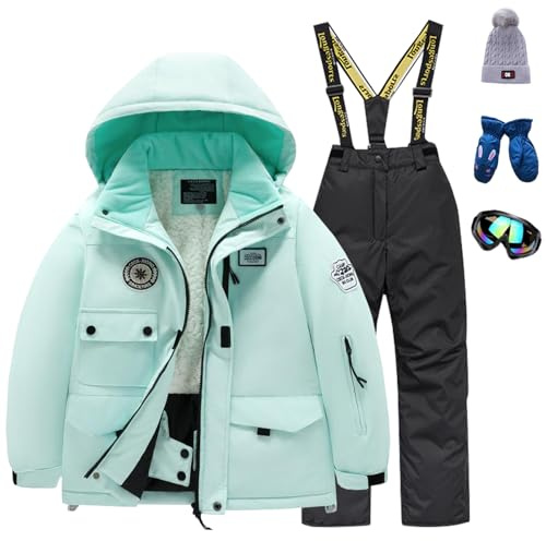 Amur Leopard Kinder Skianzug Set Winddichte wasserdichte Schneeanzug 5tlg Skijacke+Skihose+Hut+Handschuh+Skibrille für Jungen Mädchen, Mintgrüne Jacke+Schwarze Hose, 146-152 (Etikettengröße: 16)