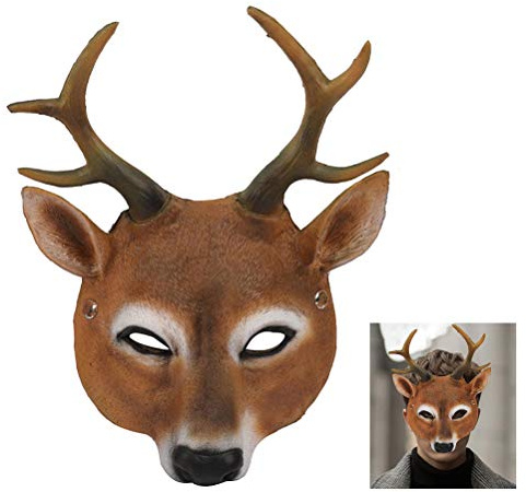 PUNELE Masque tête de cerf, masque de cerf pour Halloween, masque de renne de Noël avec bois de cerf réaliste, masque d'animal 3D pour cosplay, accessoires de fête (marron)