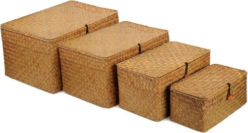 MSYU 4 Pack Woven Wicker Storage Bins with Lid, Hand-woven Rattan Desktop Organizer Box with Button, Rectangular Household Basket for Shelf and Wardrobe