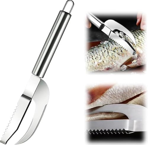 JRYGAC 2 Pezzi Squamatore Pesce Professionale Viene Fornito con 2 Ganci, Acciaio Inox Raschietto a Squame di Pesce, 3 in 1 Coltello da Pesce per Casa,Ristorante (Argento)