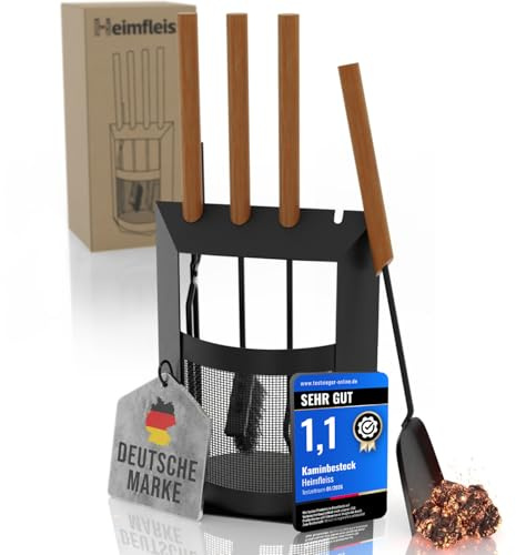 Heimfleiss® Kaminbesteck Schwarz Modern | Premium Ofenbesteck Kaminbesteck Set | Kaminzubehör mit Holzgriffen | Kaminset aus Schürhaken, Kehrset, Holzzange | Kaminofen Besteck | Kamingarnitur für Ofen