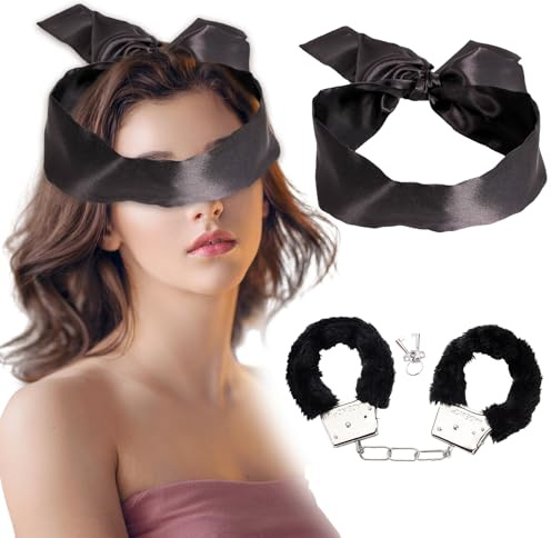 HIXNUG 2pcs Handcuffs Blindfold Set Satin Eye Blindfold for Play Sex Handcuffs with Keys for Sleeping Games Valentine Gift