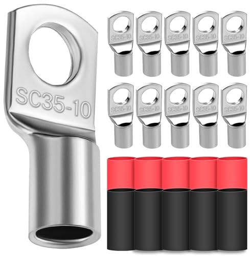 Lot de 10 cosses de câble tubulaires 35 mm² - Diamètre du trou M10 - Cosses à anneau en cuivre épais non isolées avec 10 gaines thermorétractables 3: 1