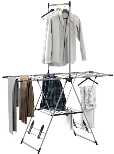 HOMCOM Tendedero Vertical Plegable, Tendedero de Ropa con Alas Ajustables en 5 Niveles, 4 Soportes para Calzado, Barra y Estante, Marco de Acero Inoxidable, para Interior y Exterior, Plata