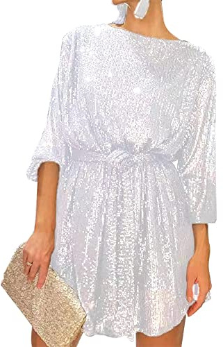 Svuitmsl Women Sequin Sparkly Glitter Dresses Long Sleeve Party Loose Fit Shift Mini Short Dress Evening Cocktail Clubwear (A-White, S)