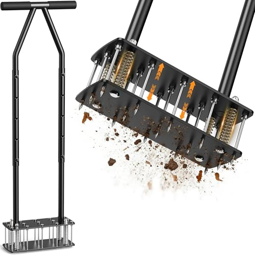 Knee-Friendly Manual Lawn Aerator Tool - 15 Heavy-Duty Steel Spikes,Spring-Loaded Auto-Clean Design, Pre-Assembled for Soil Loosening & Lawn Health, Garden/Yard Aeration Tool