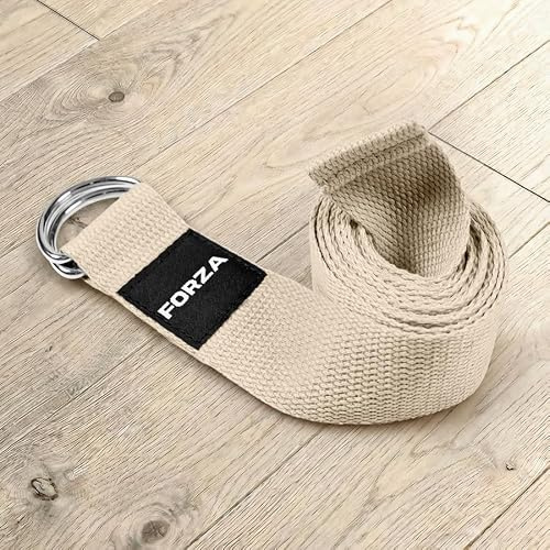 FORZA Yoga Strap with Metal D-Ring – Adjustable Cotton-Poly Stretching Belt for Yoga, Pilates, Mobility & Rehab – Durable, Soft, Reinforced Design – 6ft & 8ft Options (Beige, 6ft)